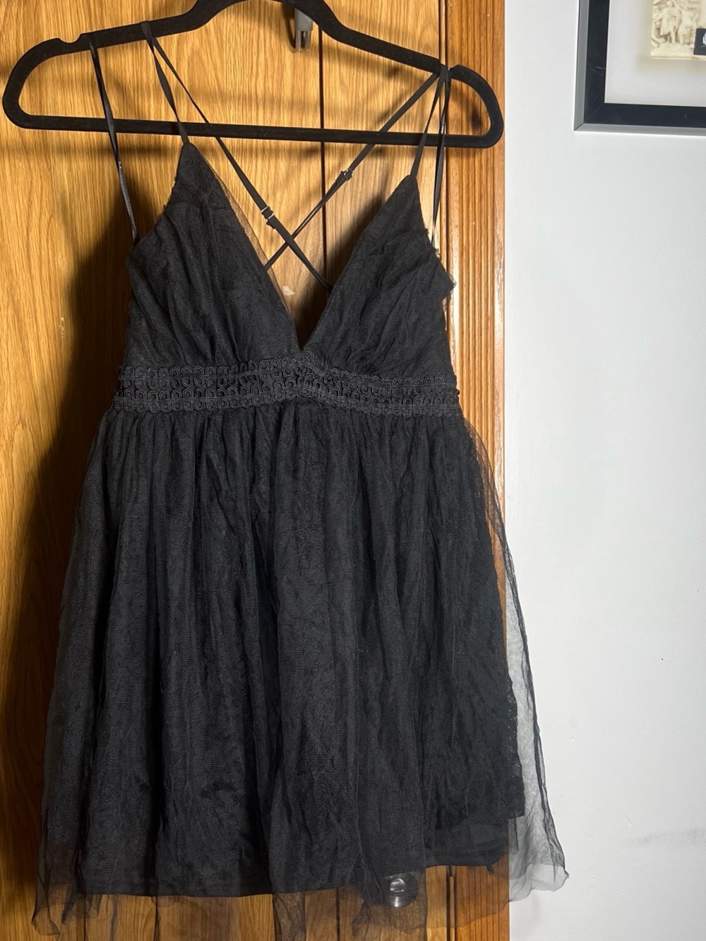 Lulu's Black Lace Mini Dress with Crisscross Straps